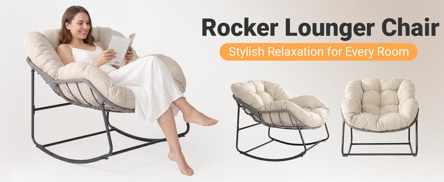 RIWENGO Oversized Outdoor Rocking Chair with Thick Cushion,Maximum 450lbs Capacity, Indoor Egg Rocking Chair with Adjustable Backrest for Backyard, Balcony, Living Room