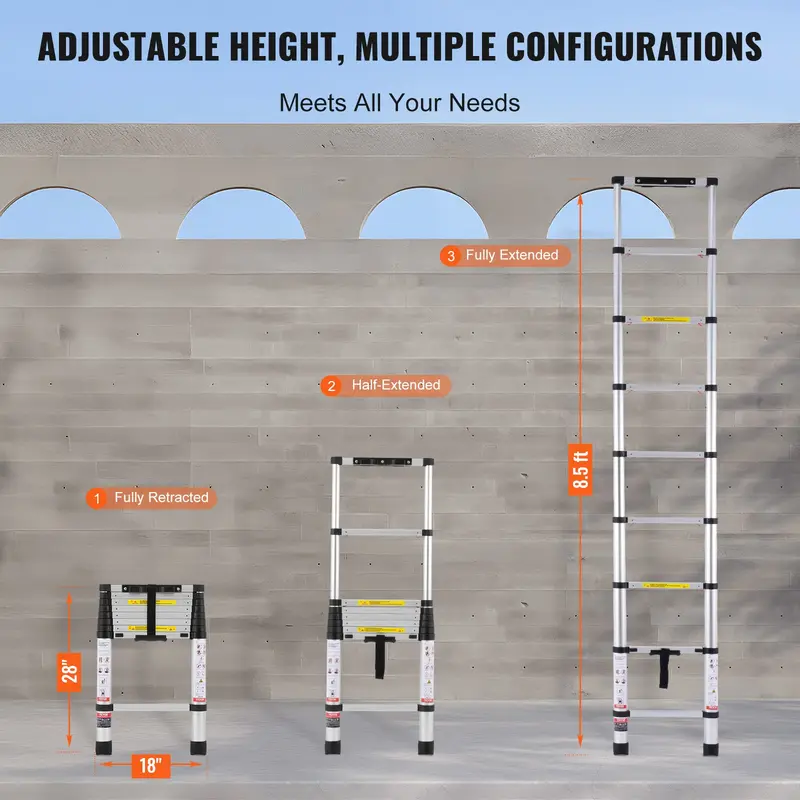 Escalera telescópica de 12.5 pies — De aluminio, ligera, multiusos y plegable — Retracción con un solo toque — Alta resistencia (capacidad máx. de 330 lb) con pies antideslizantes — Ideal para el hogar, trabajos al aire libre y acceso a desvanes.