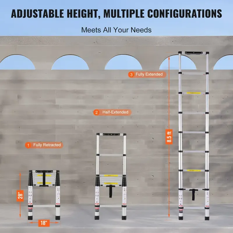 Escalera telescópica de 12.5 pies — De aluminio, ligera, multiusos y plegable — Retracción con un solo toque — Alta resistencia (capacidad máx. de 330 lb) con pies antideslizantes — Ideal para el hogar, trabajos al aire libre y acceso a desvanes.