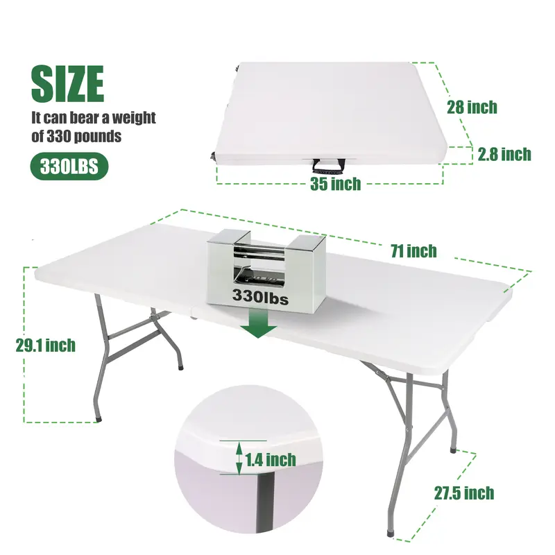 Mesa Plegable de 6 Pies (Set de Mesa Plegable de 6 pies y Mantel: ZB-6FT), con Asa de Transporte Integrada y Patas de Acero Aleado; Portátil y de Uso Rudo para Fiestas, Comedor, Bodas, Eventos, Picnics, Interiores, Exteriores, Camping y Uso General — Bla