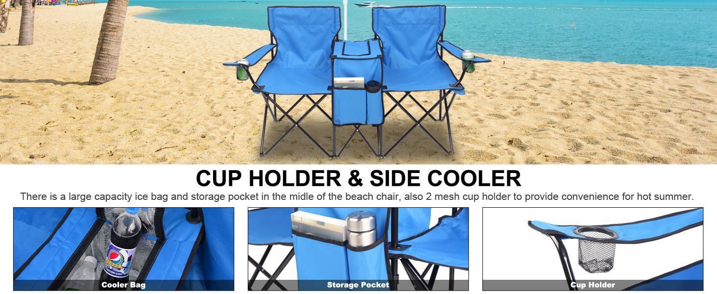 Outvita Folding Double Camping Chair w/Umbrella Beverage Holder Carrying Bag Cooler Fold Up Table, Large Bearing Capacity for Beach Patio Pool Park Outdoor Blue Summervibes