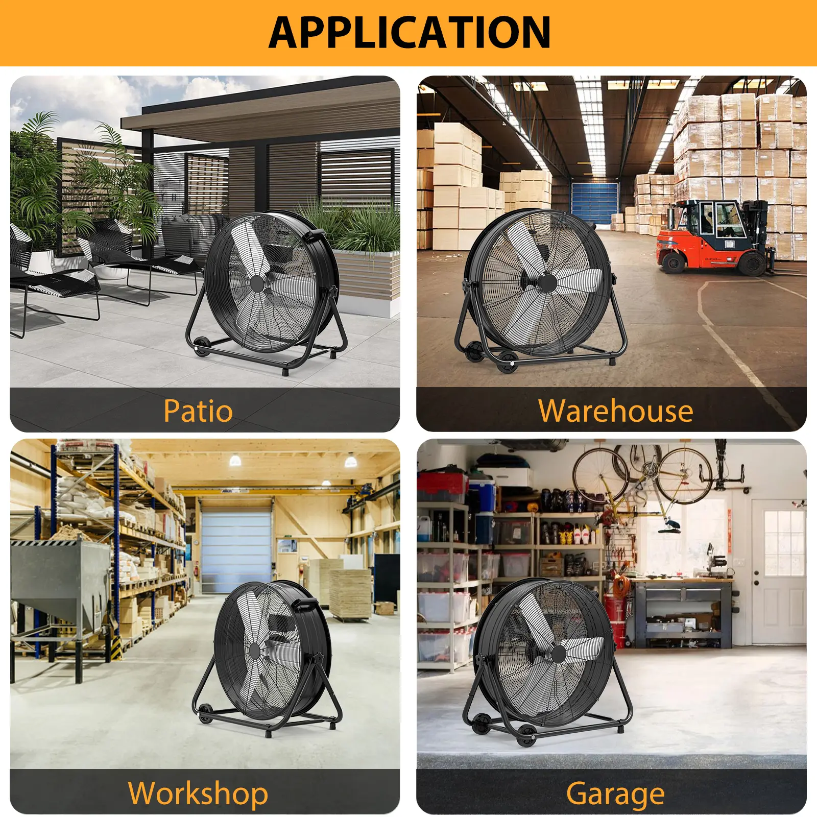 Ventilador de tambor industrial de alta velocidad y 24 pulgadas, con estructura totalmente metálica de alta resistencia, 3 velocidades y diseño inclinable 360°. Cuenta con asa de transporte y ruedas para facilitar su desplazamiento; es un potente ventilad