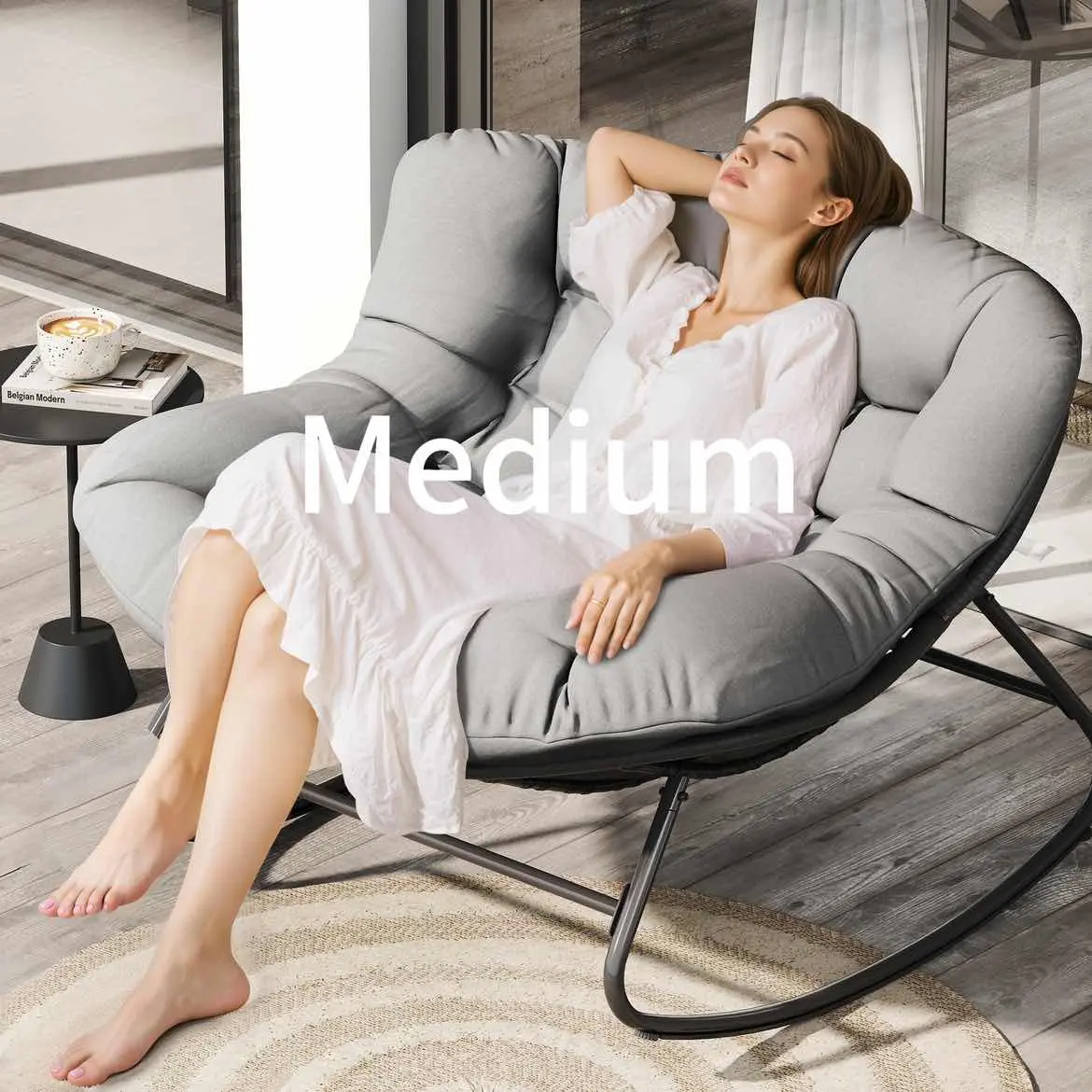 Silla Mecedora Tipo Huevo Extra Grande con Respaldo Ajustable, Cojín Grueso, Soporta hasta 450 lb, Ideal para Patio, Balcón, Jardín y Sala de Estar
