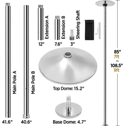 【Alta resistencia】Barra de baile profesional cromada y portátil de 45 mm; cuenta con dos modos (giratorio y estático), es desmontable y de altura ajustable (de 7 a 9 pies), ideal para uso doméstico.