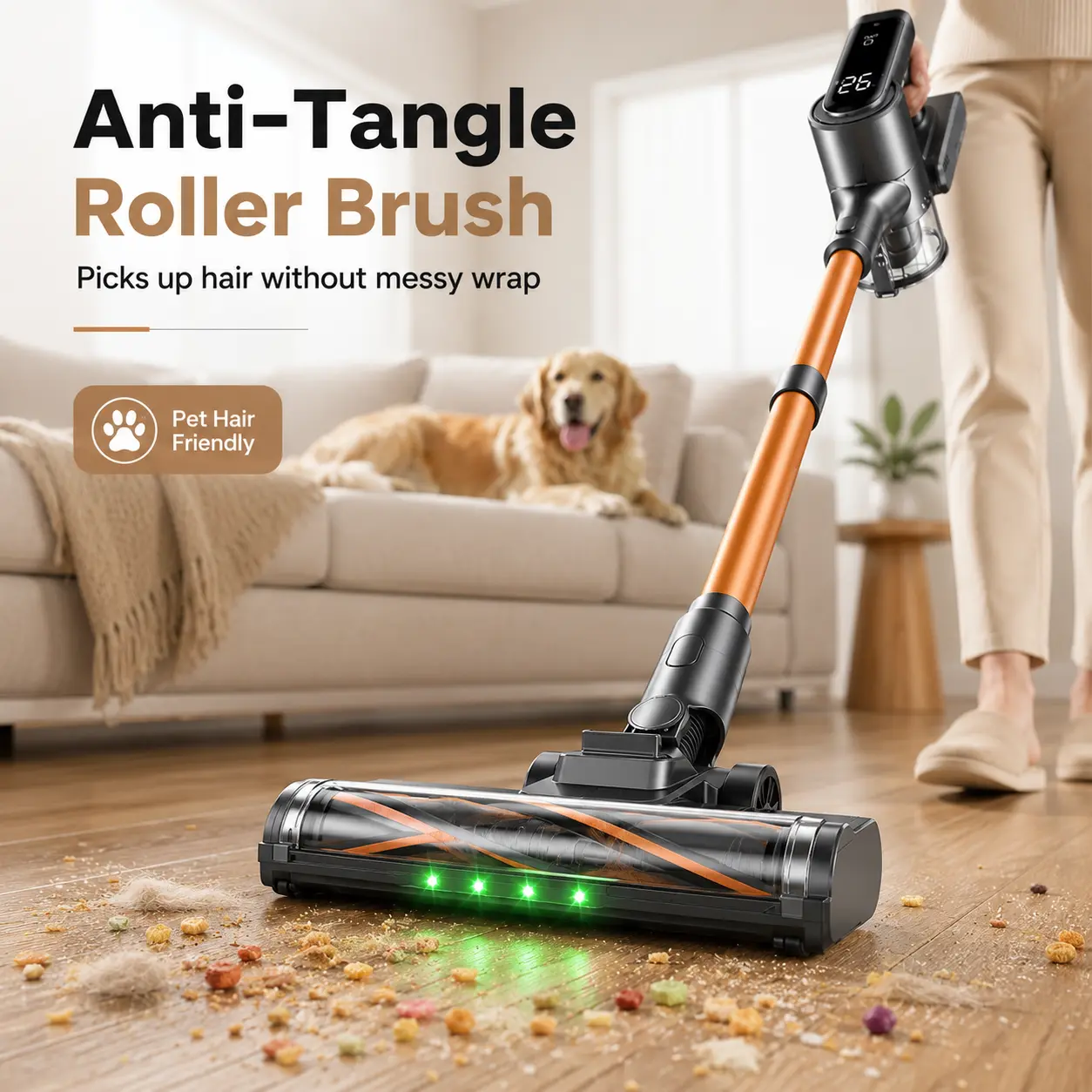 Aspiradora Escoba Inalámbrica 6 en 1, Recargable con Alta Potencia de Succión, 50 Minutos de Uso, Sistema Antienredos, Diseño Ligero y Autoposicionable, Ideal para Pisos, Alfombras y Pelo de Mascotas