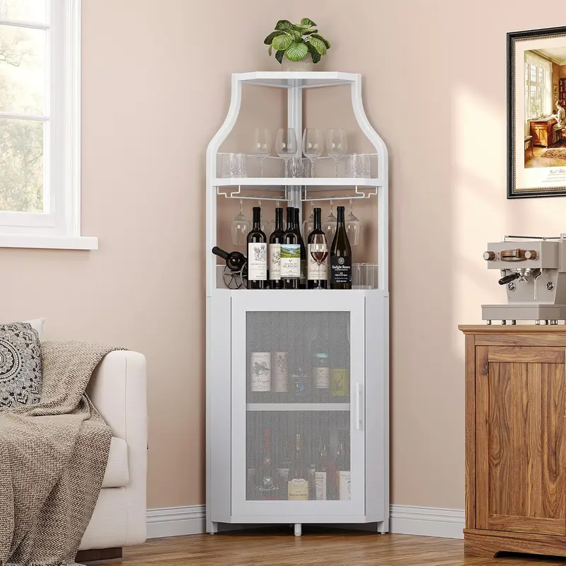 Mueble esquinero para vinos con estante extraíble y puerta estilo granero de 5 niveles