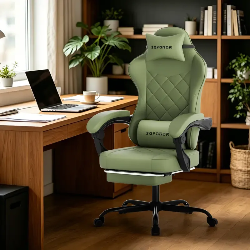 Silla Gaming Ergonómica Reclinable con Reposapiés, Cuero Transpirable, Soporte para Espalda, Asiento Amplio Acolchado, Capacidad de 300 lb, Ideal para Oficina, Gaming y Streaming