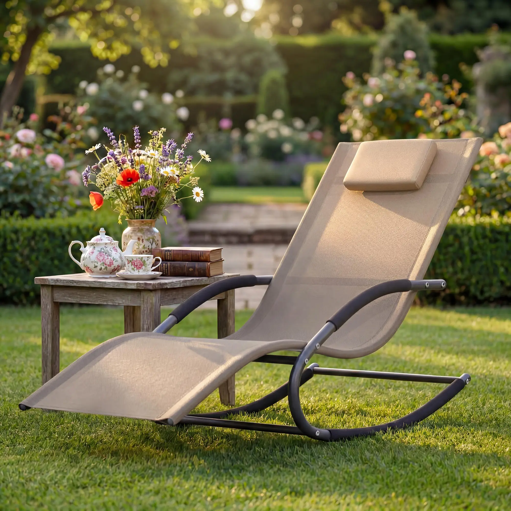 Oferta Flash para el Hogar – Silla Reclinable de Exterior Ajustable con Malla Transpirable, Estructura de Acero Resistente para Todo Clima, Reposabrazos de NBR y Almohada, Soporta hasta 300 lb, Ideal para Jardín, Patio y Terraza, Marrón/Gris