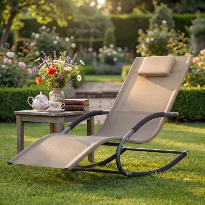 Oferta Flash para el Hogar – Silla Reclinable de Exterior Ajustable con Malla Transpirable, Estructura de Acero Resistente para Todo Clima, Reposabrazos de NBR y Almohada, Soporta hasta 300 lb, Ideal para Jardín, Patio y Terraza, Marrón/Gris