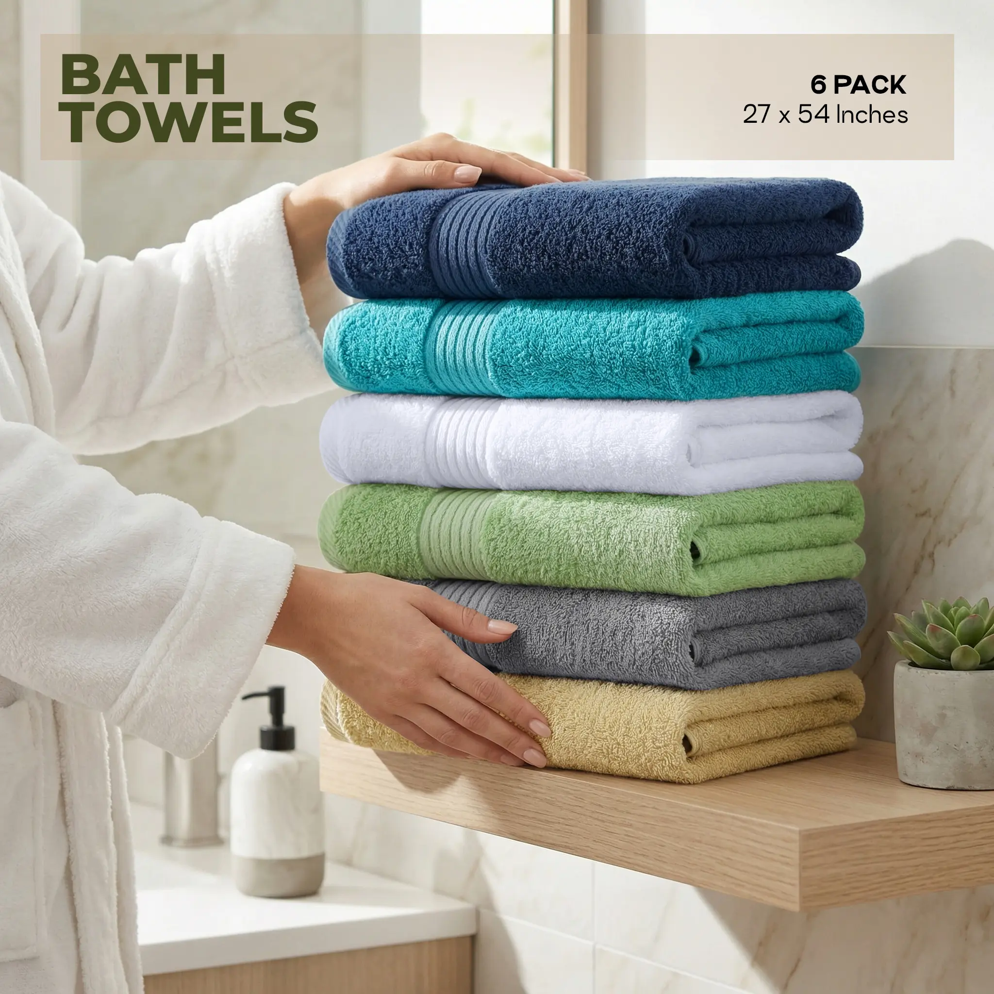 Set de 6 Toallas de Baño de Algodón 100%, Suaves y Absorbentes, Secado Rápido, Tamaño Grande 27x54 pulgadas para Hogar