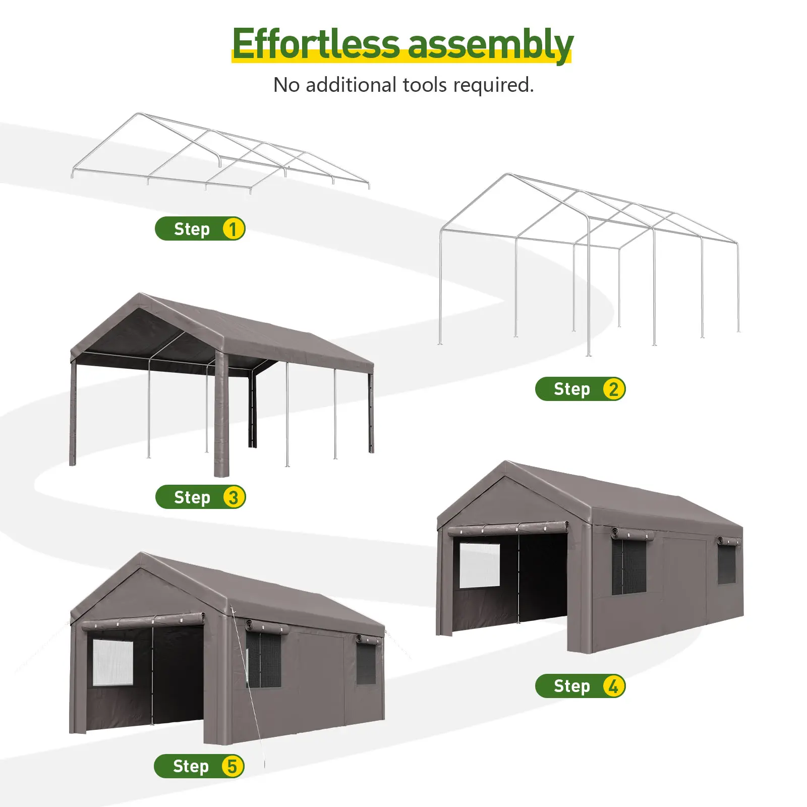 Cochera portátil resistente (opciones de 10x20, 12x20 o 20x20 pies) con ventanas enrollables y paredes laterales y puertas desmontables; refugio impermeable para automóviles, camionetas, SUV y embarcaciones (color gris).
