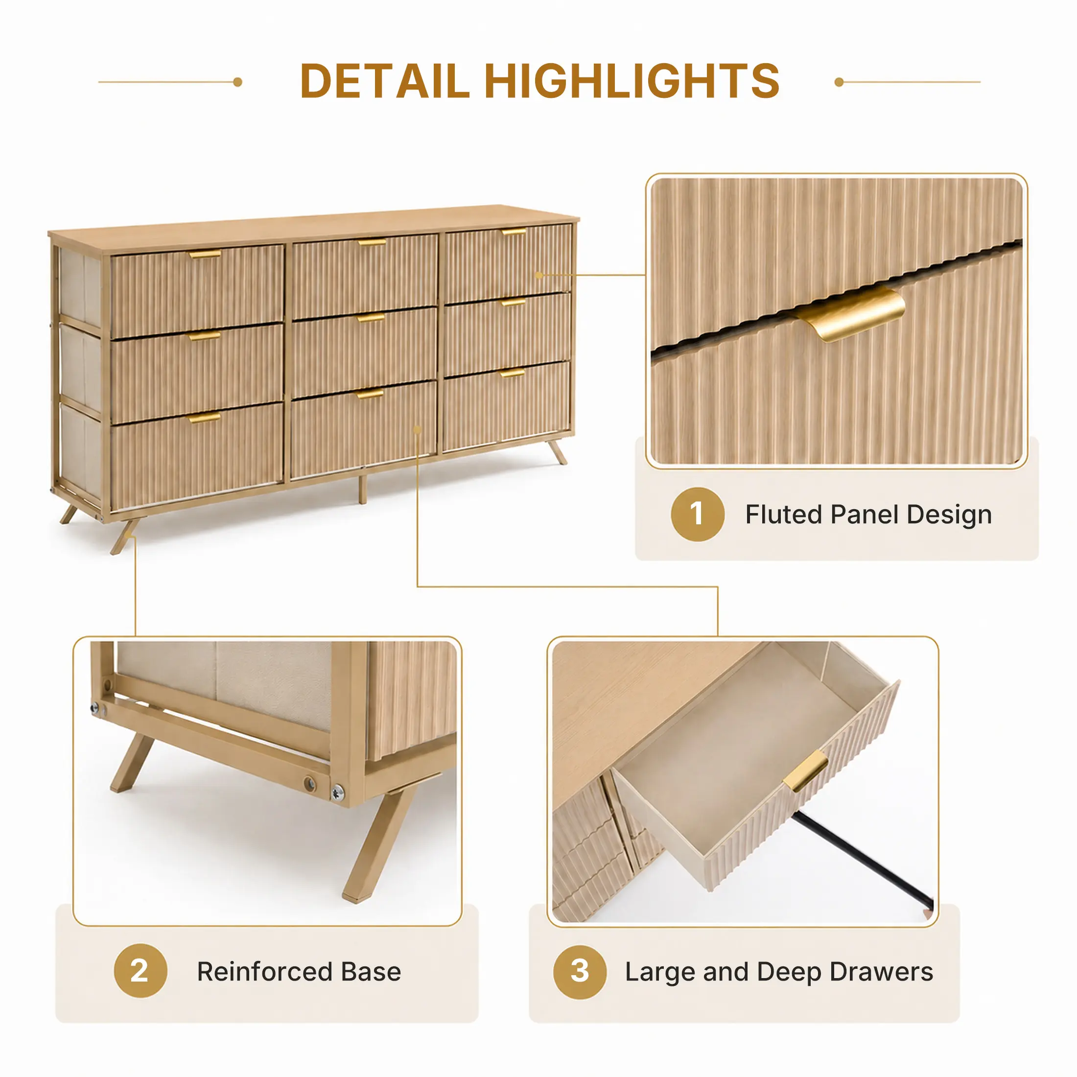Cómoda de 9 Cajones de Tela, Aparador de Madera de 57", Mueble TV Moderno para 35/45/55", Gran Capacidad de Almacenamiento con Base Reforzada