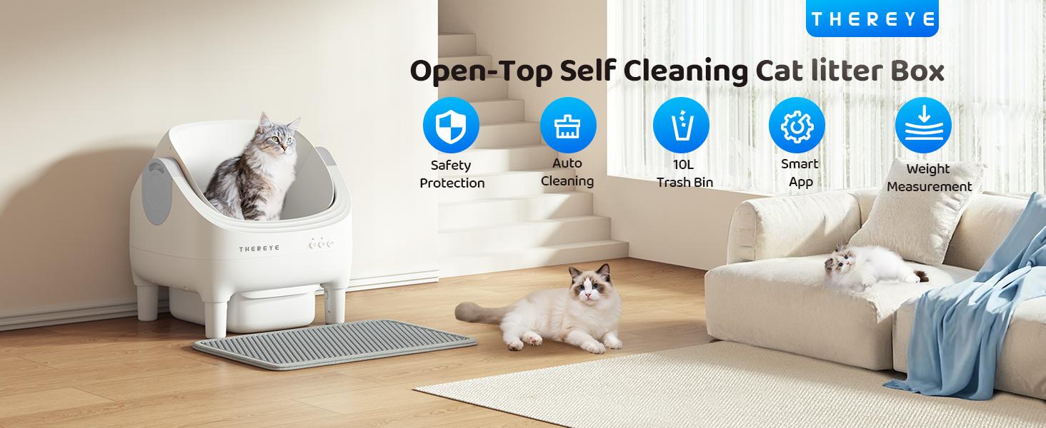 Thereye SC06 Open-Top Automatic Cat Litter Box, Self-Cleaning with App Control Wifi, Odor-Free Waste Disposal includes Trash Bags