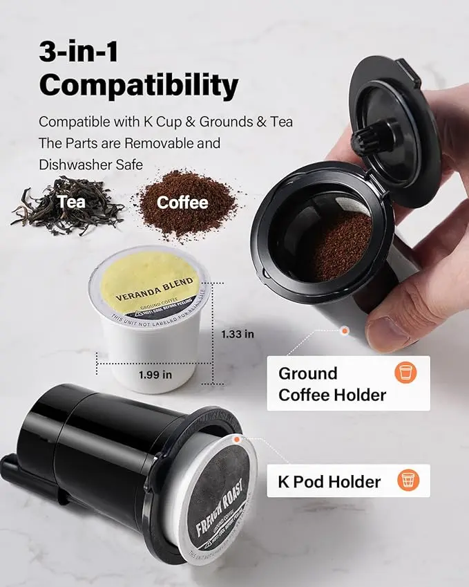 Cafetera Individual para Café Caliente y Frío, Compatible con K-Cup y Café Molido, Filtro Reutilizable, Café Intenso, Compacta y de Preparación Rápida, Negra