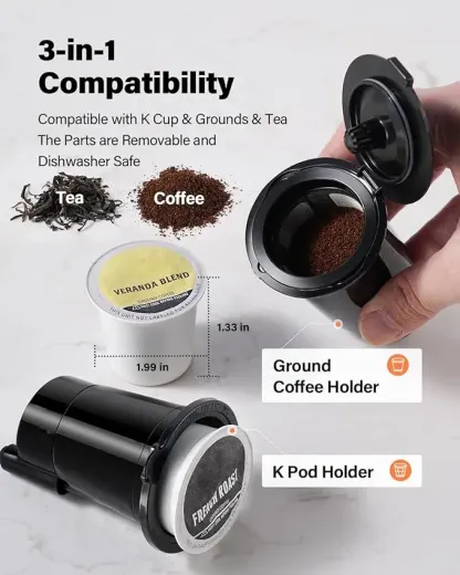 Cafetera Individual para Café Caliente y Frío, Compatible con K-Cup y Café Molido, Filtro Reutilizable, Café Intenso, Compacta y de Preparación Rápida, Negra