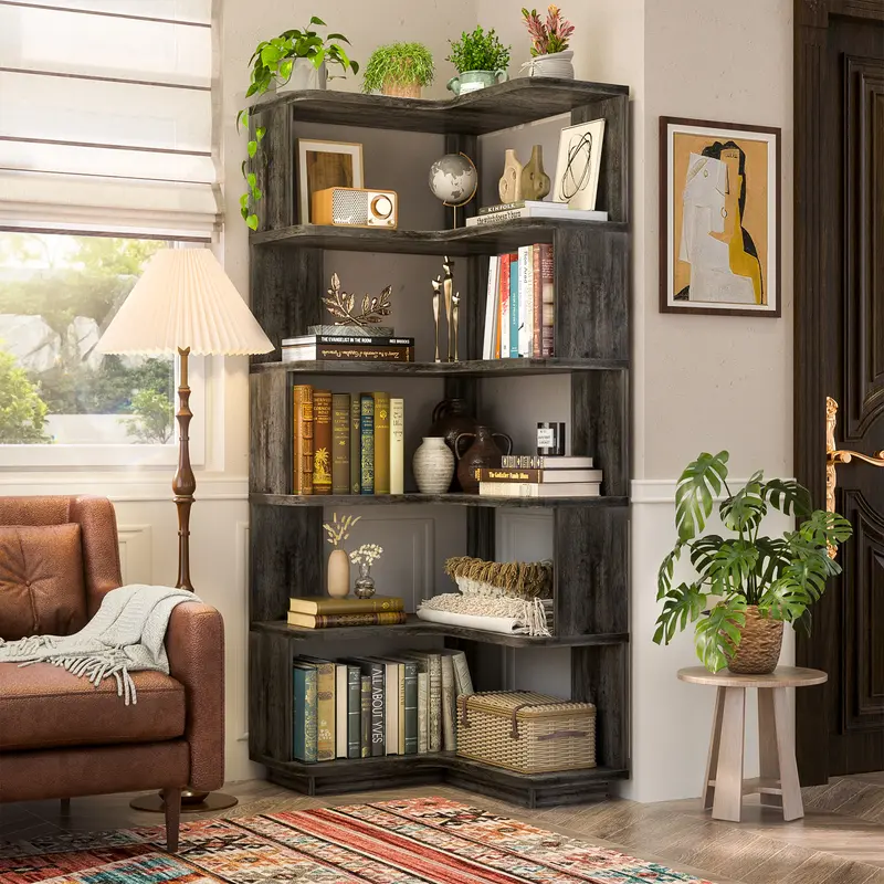 Estantería esquinera de madera, librería independiente en forma de L con panel divisorio, mueble expositor robusto con estantes para oficina en casa, sala de estar y dormitorio.