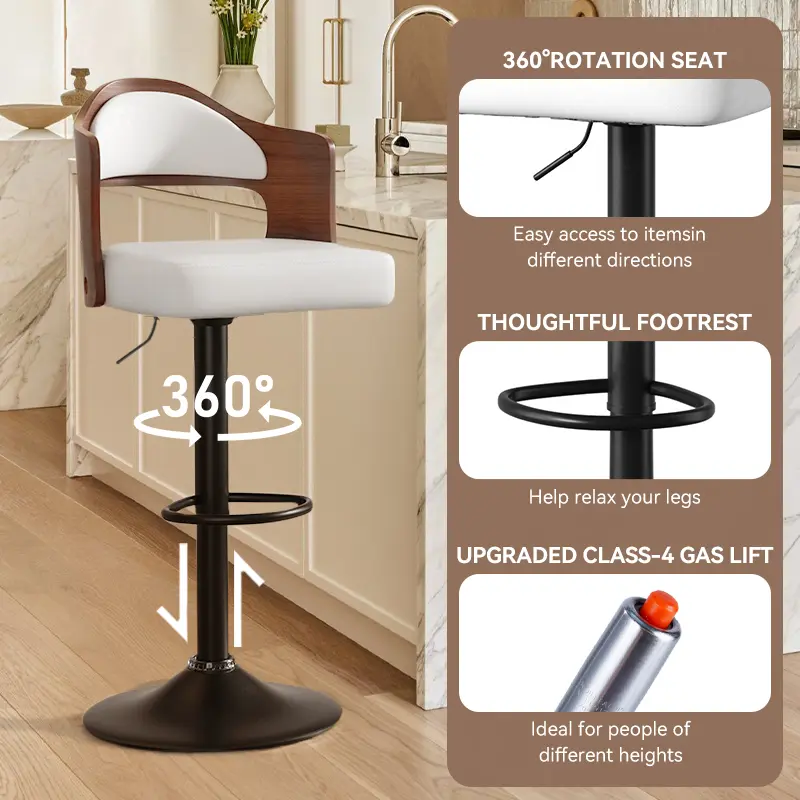 Juego de 1 o 2 taburetes de bar giratorios con altura ajustable (24,5-33,5 pulgadas); taburetes de madera tapizados en piel sintética, con respaldo y reposapiés, ideales para bar, cocina o comedor.