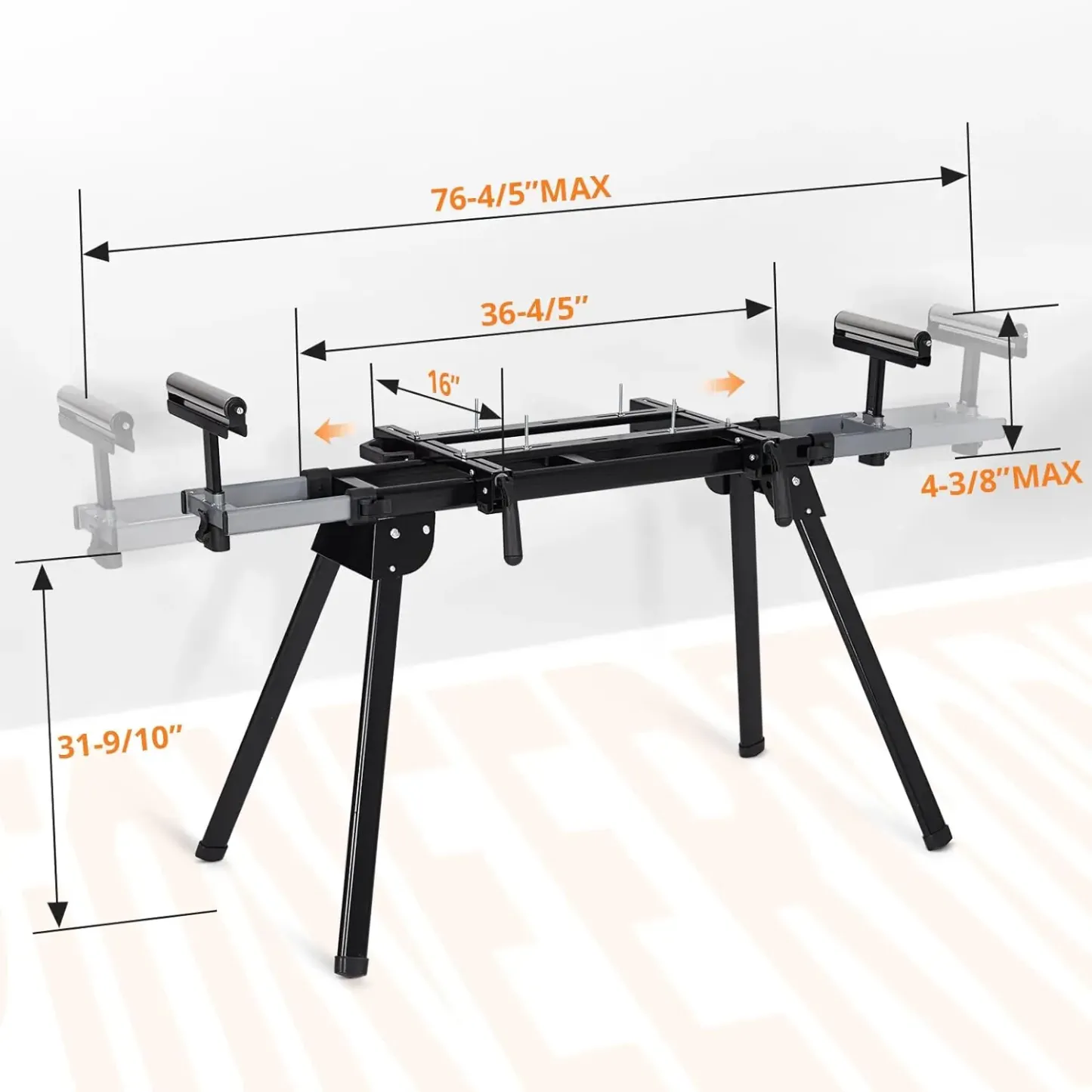 Soporte para sierra ingletadora con capacidad de 440 libras (200 kg), soporte universal plegable con riel deslizante de 76-4/5 pulgadas (195 cm), mesa portátil de acero con rodillos de soporte de altura ajustable y topes de tope para cortes repetitivos.