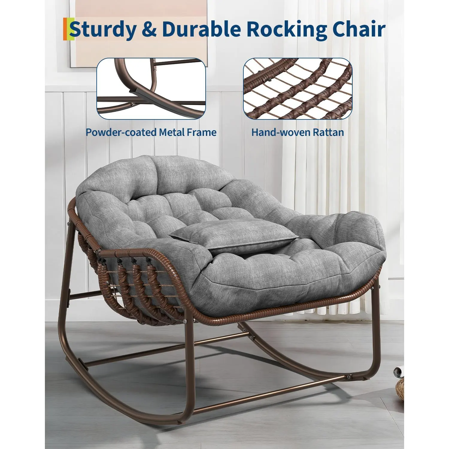 Silla Mecedora Tipo Huevo Papasan XL para Exterior, de Ratán Sintético, con Cojín Grueso Impermeable, Estructura Metálica Reforzada, Ideal para Balcón, Patio, Porche y Sala, Soporta hasta 450 lb