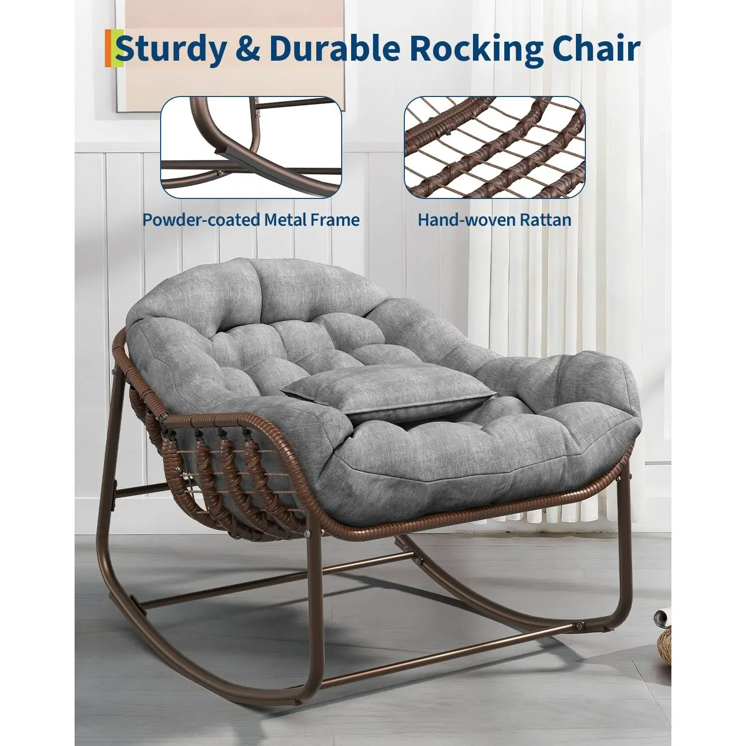 Silla Mecedora Tipo Huevo Papasan XL para Exterior, de Ratán Sintético, con Cojín Grueso Impermeable, Estructura Metálica Reforzada, Ideal para Balcón, Patio, Porche y Sala, Soporta hasta 450 lb