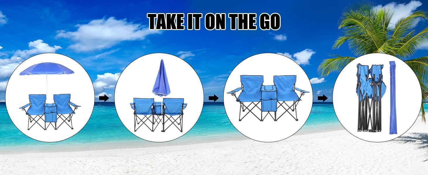 Outvita Folding Double Camping Chair w/Umbrella Beverage Holder Carrying Bag Cooler Fold Up Table, Large Bearing Capacity for Beach Patio Pool Park Outdoor Blue Summervibes