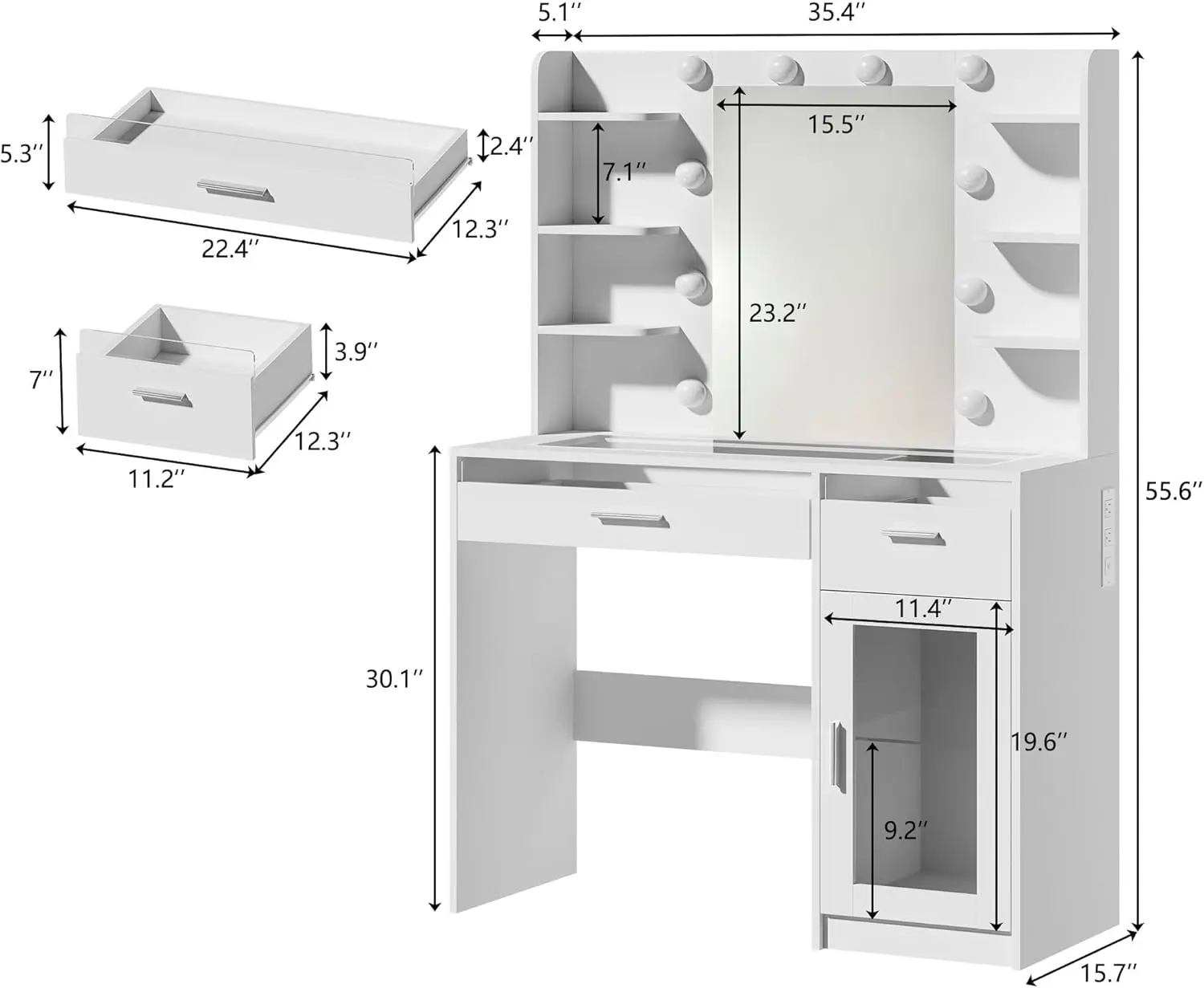 Tocador de maquillaje con espejo y luces de 3 colores, superficie transparente con 3 cajones RGB, 6 estantes, 2 armarios grandes de vidrio templado y toma de corriente; ideal para el dormitorio.