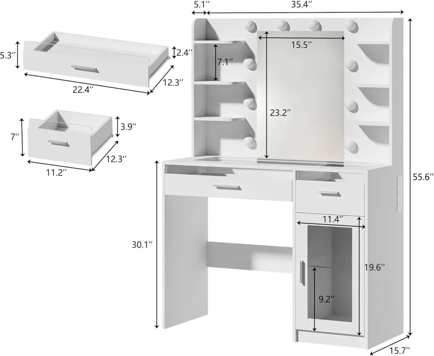 Tocador de maquillaje con espejo y luces de 3 colores, superficie transparente con 3 cajones RGB, 6 estantes, 2 armarios grandes de vidrio templado y toma de corriente; ideal para el dormitorio.