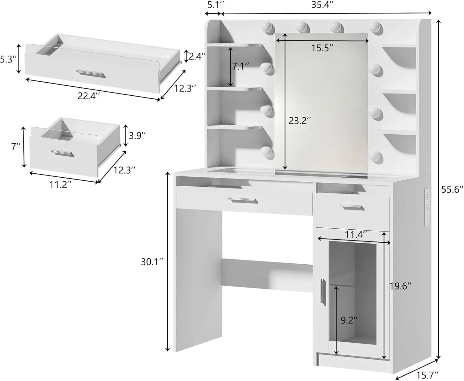 Tocador de maquillaje con espejo y luces de 3 colores, superficie transparente con 3 cajones RGB, 6 estantes, 2 armarios grandes de vidrio templado y toma de corriente; ideal para el dormitorio.