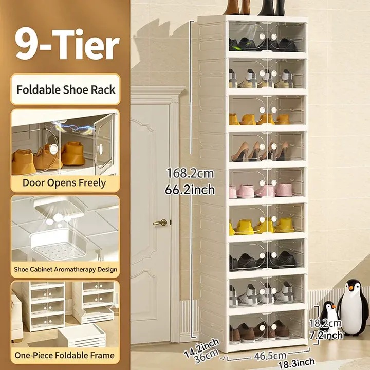 Zapatero Plegable de 10 Niveles con Puertas Transparentes Magnéticas, Capacidad para 20 Pares de Zapatos, Gran Capacidad, Apilable, Resistente, Ahorra Espacio y Sin Instalación