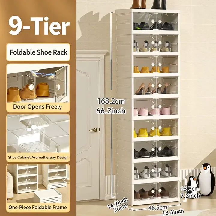Zapatero Plegable de 10 Niveles con Puertas Transparentes Magnéticas, Capacidad para 20 Pares de Zapatos, Gran Capacidad, Apilable, Resistente, Ahorra Espacio y Sin Instalación