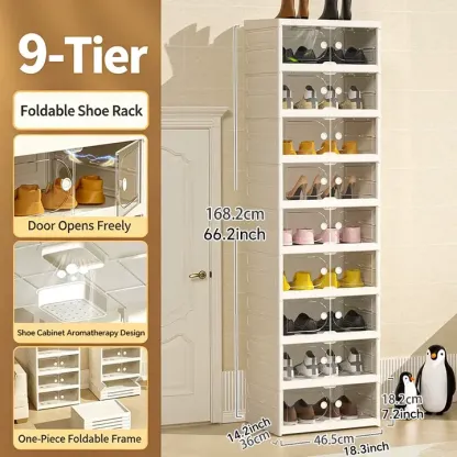 Zapatero Plegable de 10 Niveles con Puertas Transparentes Magnéticas, Capacidad para 20 Pares de Zapatos, Gran Capacidad, Apilable, Resistente, Ahorra Espacio y Sin Instalación