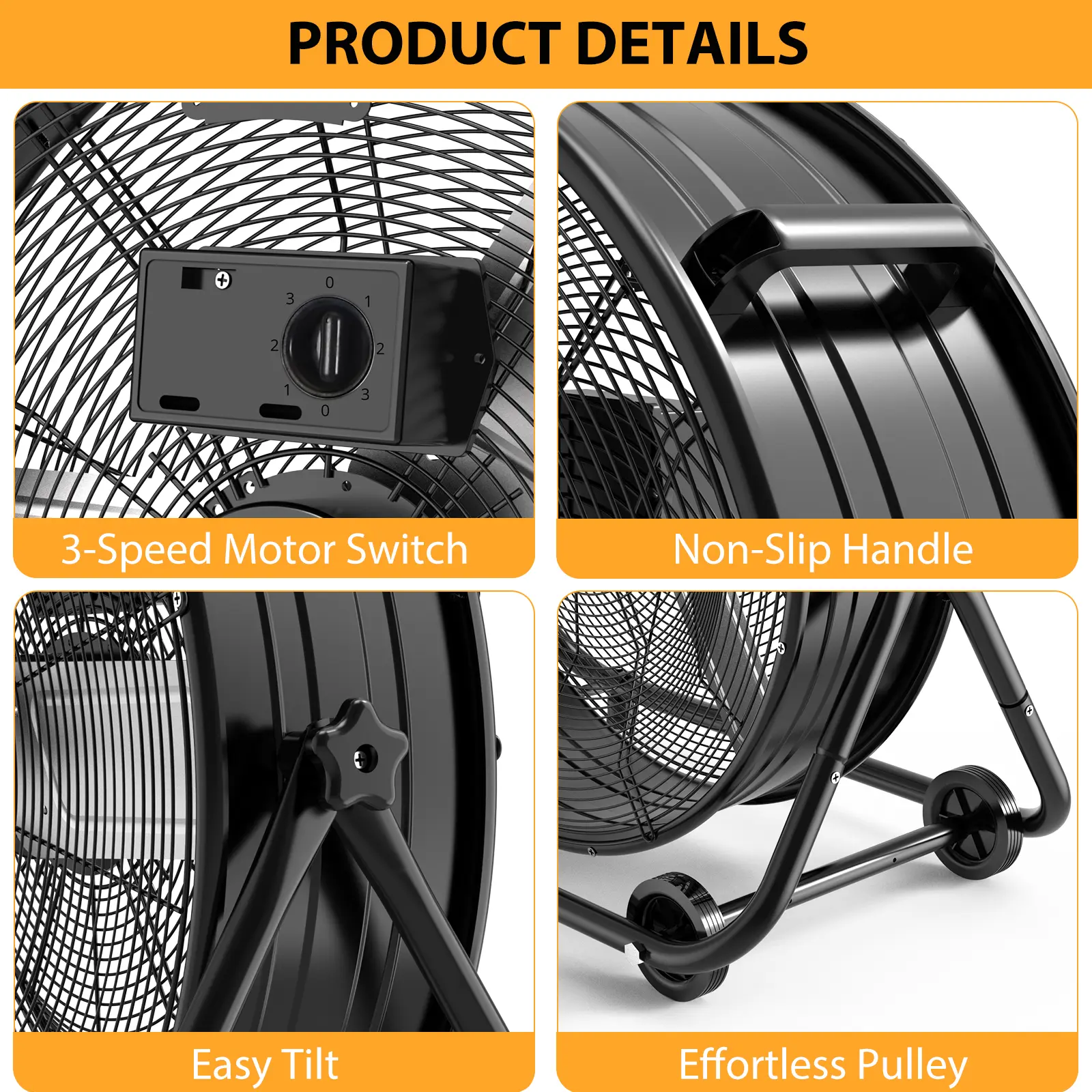 Ventilador de tambor industrial de alta velocidad y 24 pulgadas, con estructura totalmente metálica de alta resistencia, 3 velocidades y diseño inclinable 360°. Cuenta con asa de transporte y ruedas para facilitar su desplazamiento; es un potente ventilad