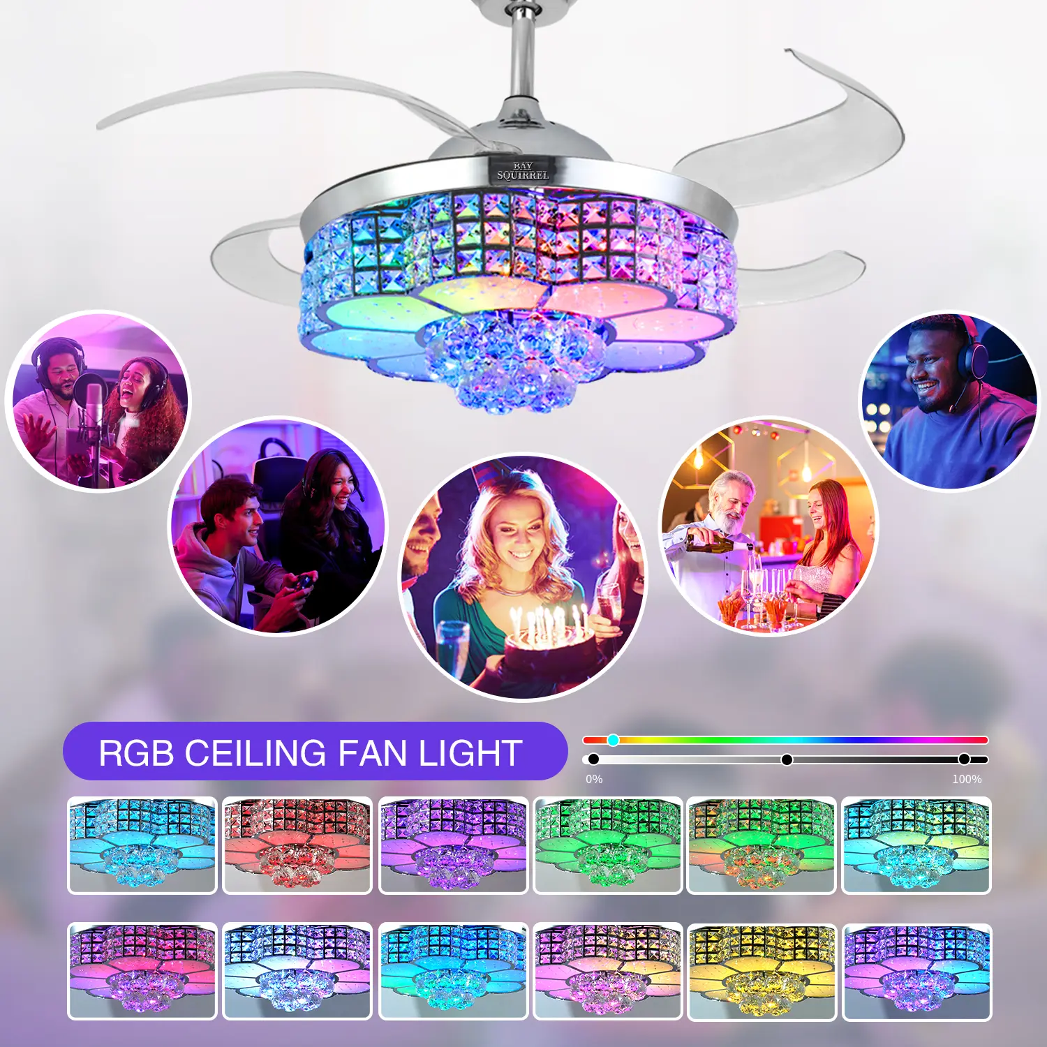 Ventilador de Techo Retráctil de Cristal con Altavoz, Control Remoto y APP, Motor Reversible de 6 Velocidades, Luz RGB Multicolor Ajustable, Luces LED Regulables, Iluminación Colorida, Luz Nocturna con Cambio de Color, Decoración para Habitación y Regalo