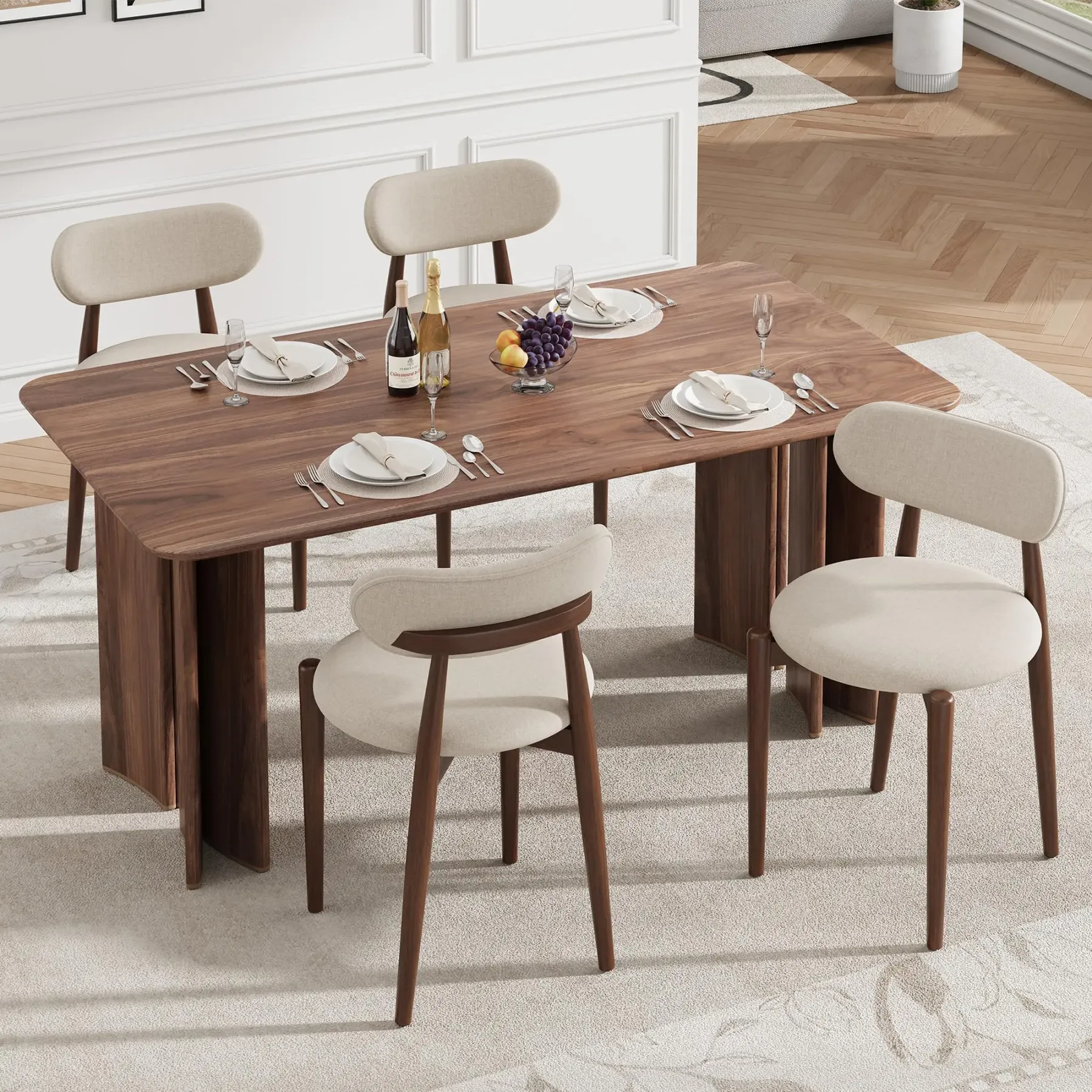 Juego de 2 sillas de comedor modernas de madera – Asientos tapizados en color blanco crema – Patas de madera resistentes – Estilo rústico (farmhouse) para comedor o tocador – Acabado clásico en blanco crema y nogal