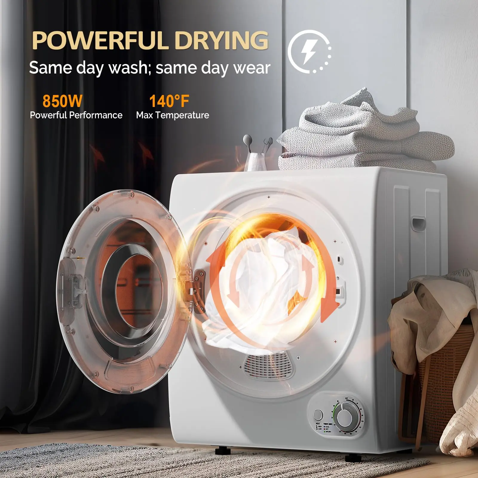 Secadora de ropa compacta de 2,6 pies cúbicos, 850 W