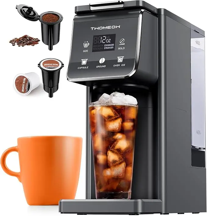 Cafetera Individual para Café Caliente y Frío, Compatible con K-Cup y Café Molido, Filtro Reutilizable, Café Intenso, Compacta y de Preparación Rápida, Negra