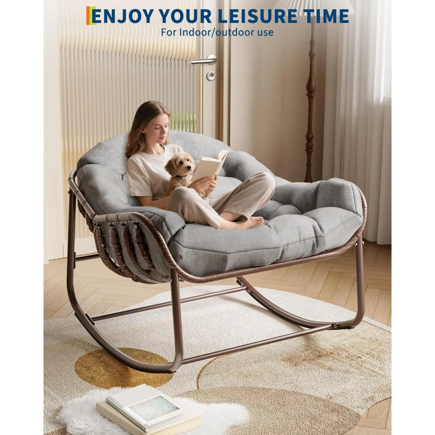 Silla Mecedora Tipo Huevo Papasan XL para Exterior, de Ratán Sintético, con Cojín Grueso Impermeable, Estructura Metálica Reforzada, Ideal para Balcón, Patio, Porche y Sala, Soporta hasta 450 lb