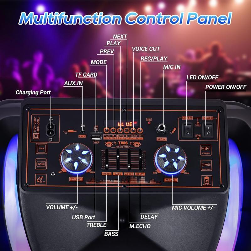 Sistema de altavoces para karaoke con doble woofer de 15 pulgadas — Altavoz portátil tipo "Party Box" con 2 micrófonos, Bluetooth inalámbrico, sonido estéreo, batería recargable, control remoto e iluminación LED.