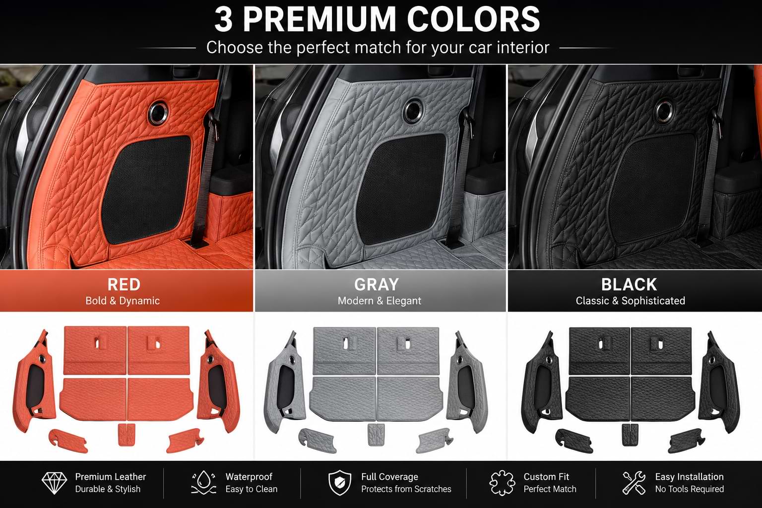 Three color options of the fully enclosed leather trunk mat for BYD Sealion 8 (Atto 8) and BYD Tang L 2025–2026, available in Red, Grey, and Black.