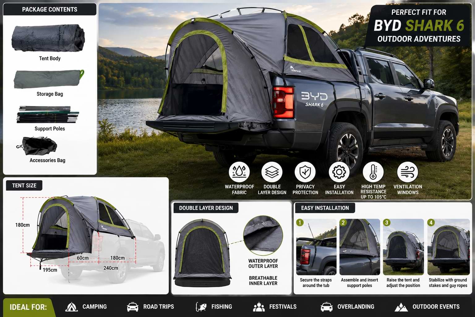 BYD Shark 6 Rear Tub Camping Tent Double Layer Outdoor Car Roof Shelter-Let us help you explore your 4x4 with us Noxfun