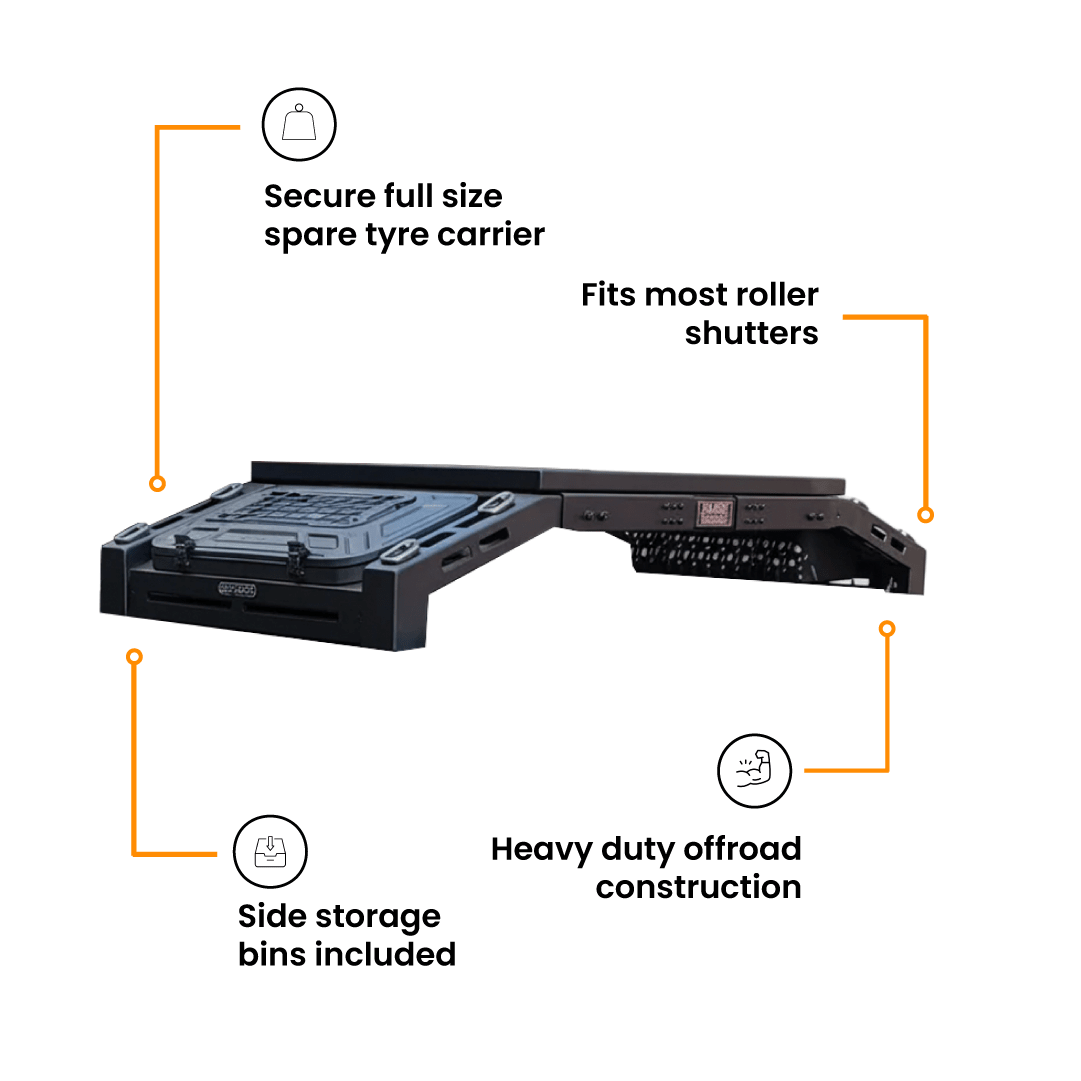 noxfun ROGUE TYRE/WHEEL CARRIER RACK WITH STORAGE PLATFORM-Let us help you explore your 4x4 with us Noxfun