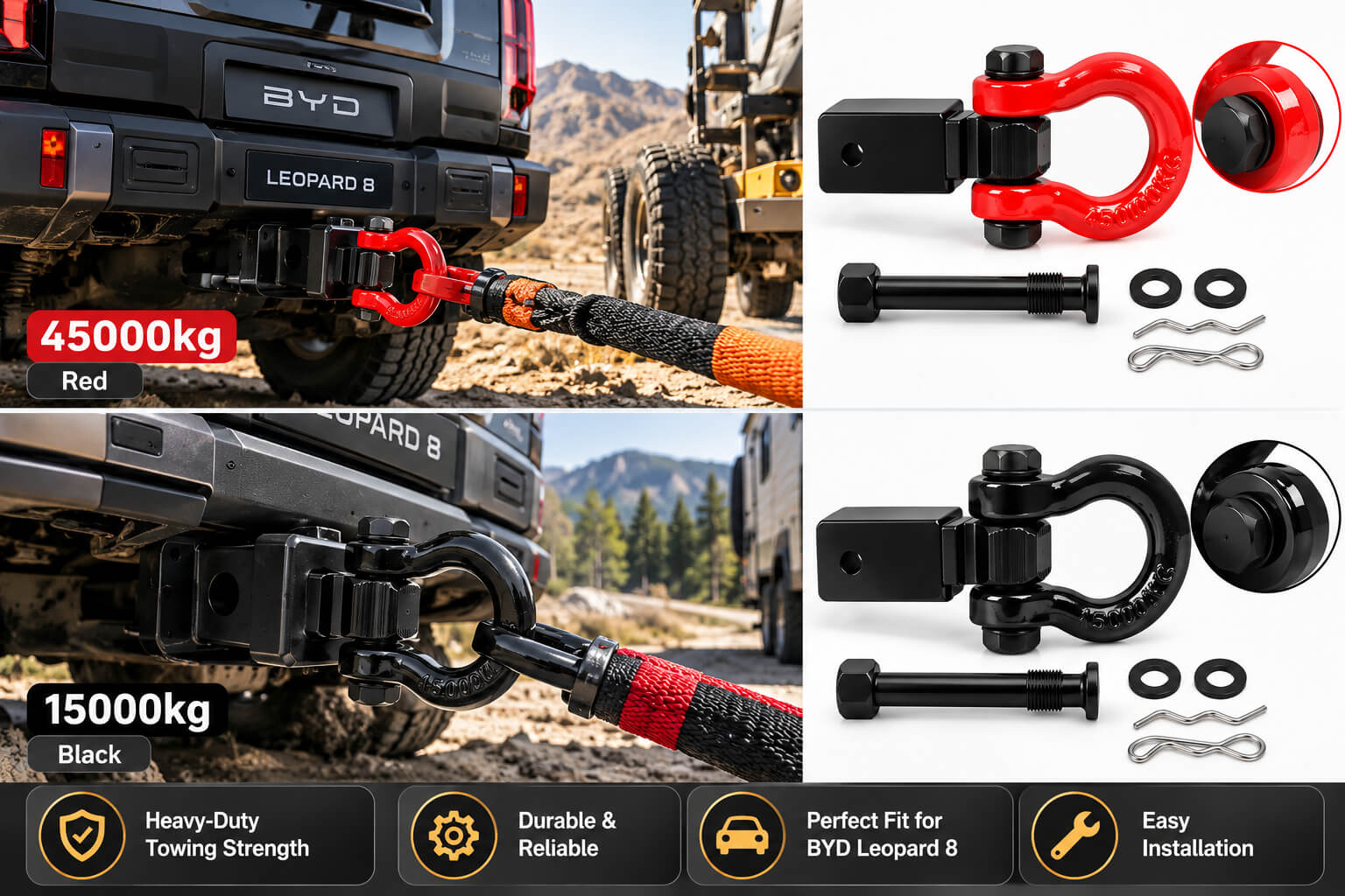 BYD Leopard 8 Trailer Hook with Square Mouth Base & U-Shaped Ring, Off-Road Towing-Let us help you explore your 4x4 with us Noxfun