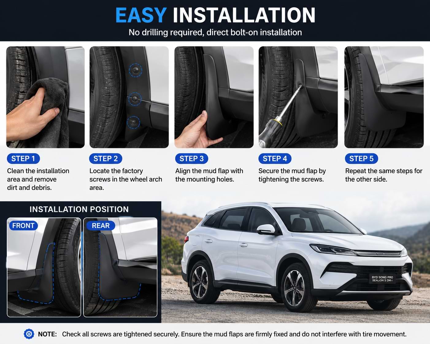 BYD Song Pro Sealion 5 DM-i 2026 Mud Flaps Front & Rear Splash Guards Heavy Duty Fender Protection-Let us help you explore your 4x4 with us Noxfun