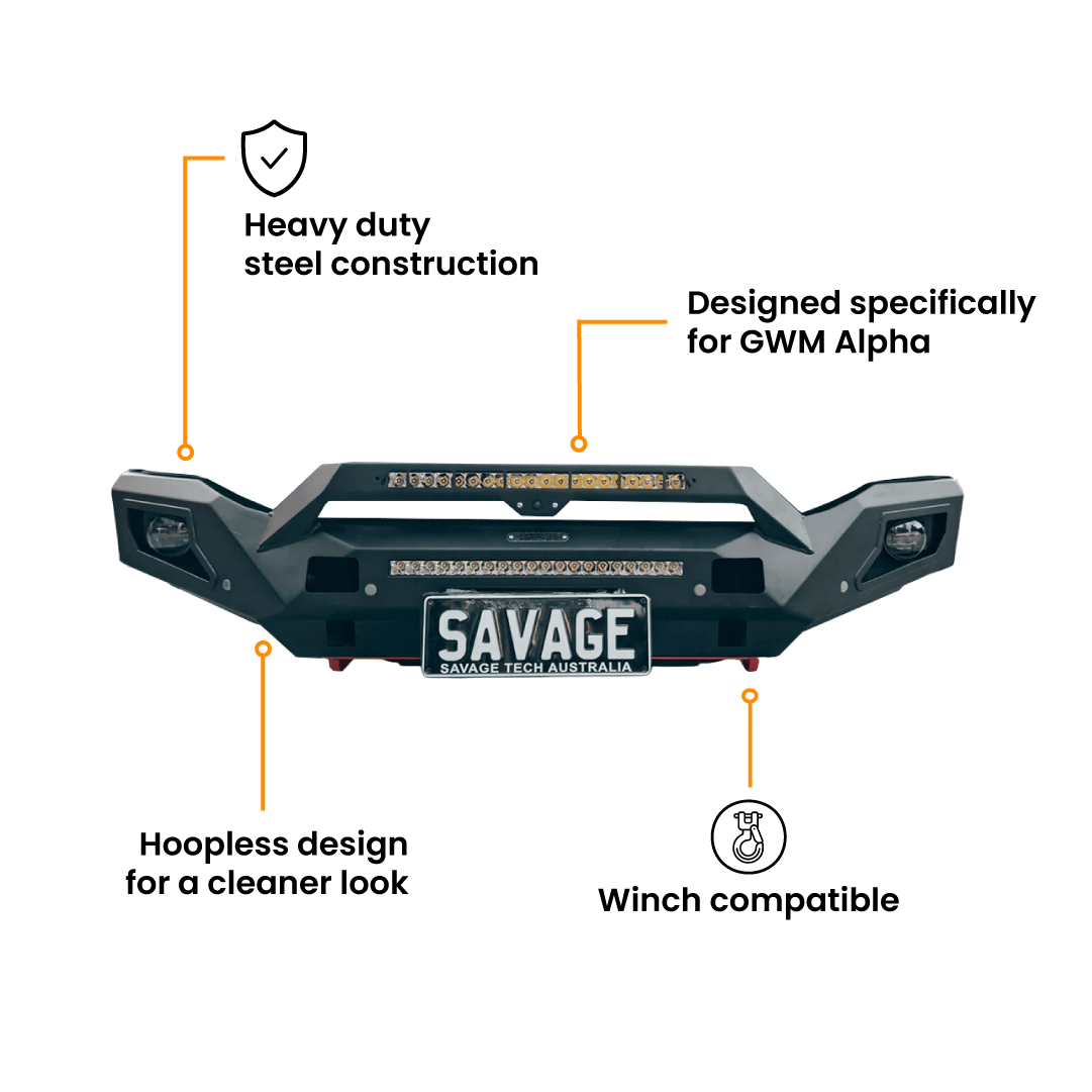 GWM ALPHA RAMPAGE HOOPLESS BULL BAR-Let us help you explore your 4x4 with us Noxfun