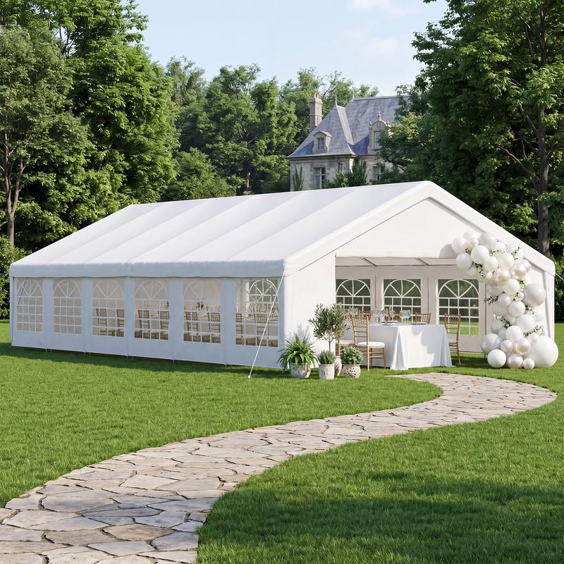 Carpa Canopy para Exterior con Estructura de Acero Resistente, 32x16 FT/40x20 FT, Impermeable, Paredes Laterales Desmontables y Puerta Enrollable, Ideal para Bodas, BBQ y Cumpleaños (Envío en 3 Paquetes)