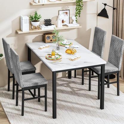 Juego de comedor para 4 personas, mesa con acabado tipo mármol de 120 × 70 cm, incluye 4 sillas modernas tapizadas en terciopelo con diseño ergonómico, ideal para comedor y cocina.