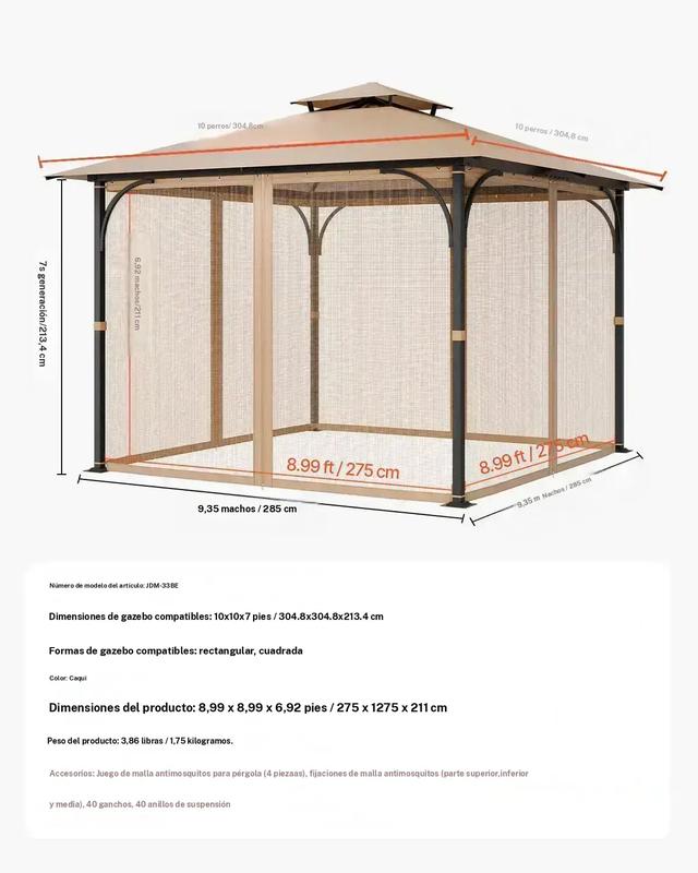 Red de repuesto para sombrilla (solo red), compatible con la mayoría de las sombrillas de 3×3 m (10 x 10 x 7 pies), red de jardín exterior, panel lateral de malla de 4 puertas, red antiinsectos para patio con doble cremallera, solo red