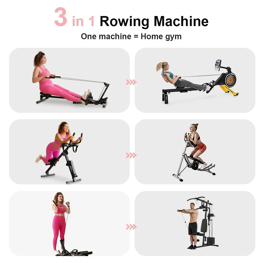 Entrenador abdominal 3 en 1 y máquina de remo Pro con bandas de resistencia | Máquina de ejercicio plegable para entrenamiento de cuerpo completo y tonificación muscular, equipo de gimnasio en casa, rueda abdominal, ab roller.