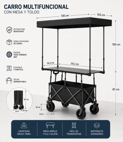 Carrito Multiusos Plegable con Toldo y Ruedas – Estación Móvil para Eventos, Negocios y Picnic
