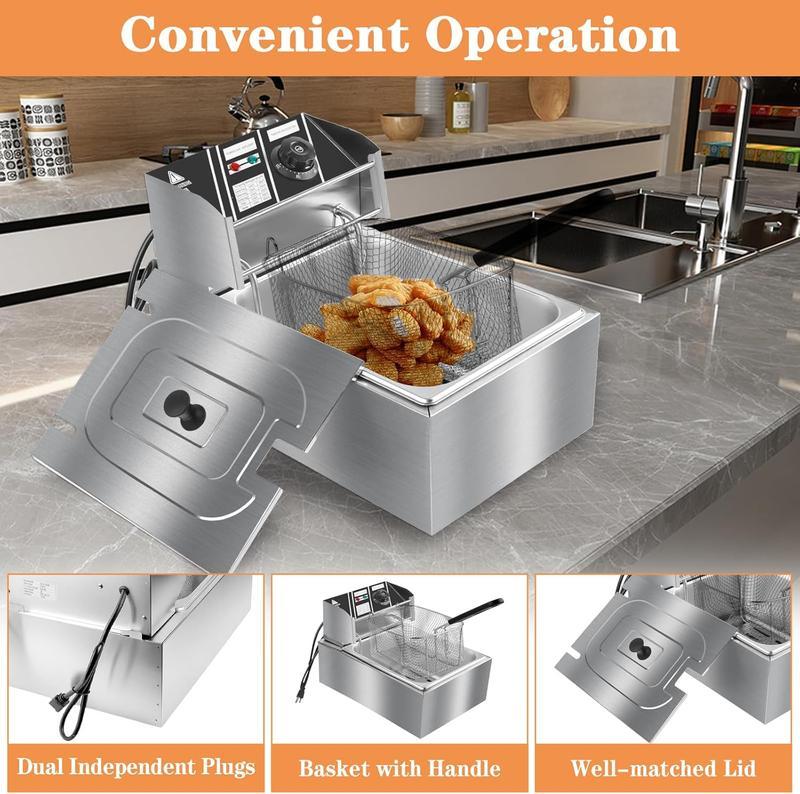Freidora Eléctrica de 6 L de Acero Inoxidable con Canastilla, 2500 W, 110 V, Tanque Individual, Control de Temperatura y Tapa, Ideal para Hogar y Restaurante